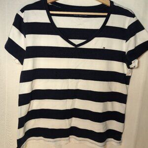 Tommy Hilfiger Black/White Striped V Neck Pullover, Size XXL, Cotton